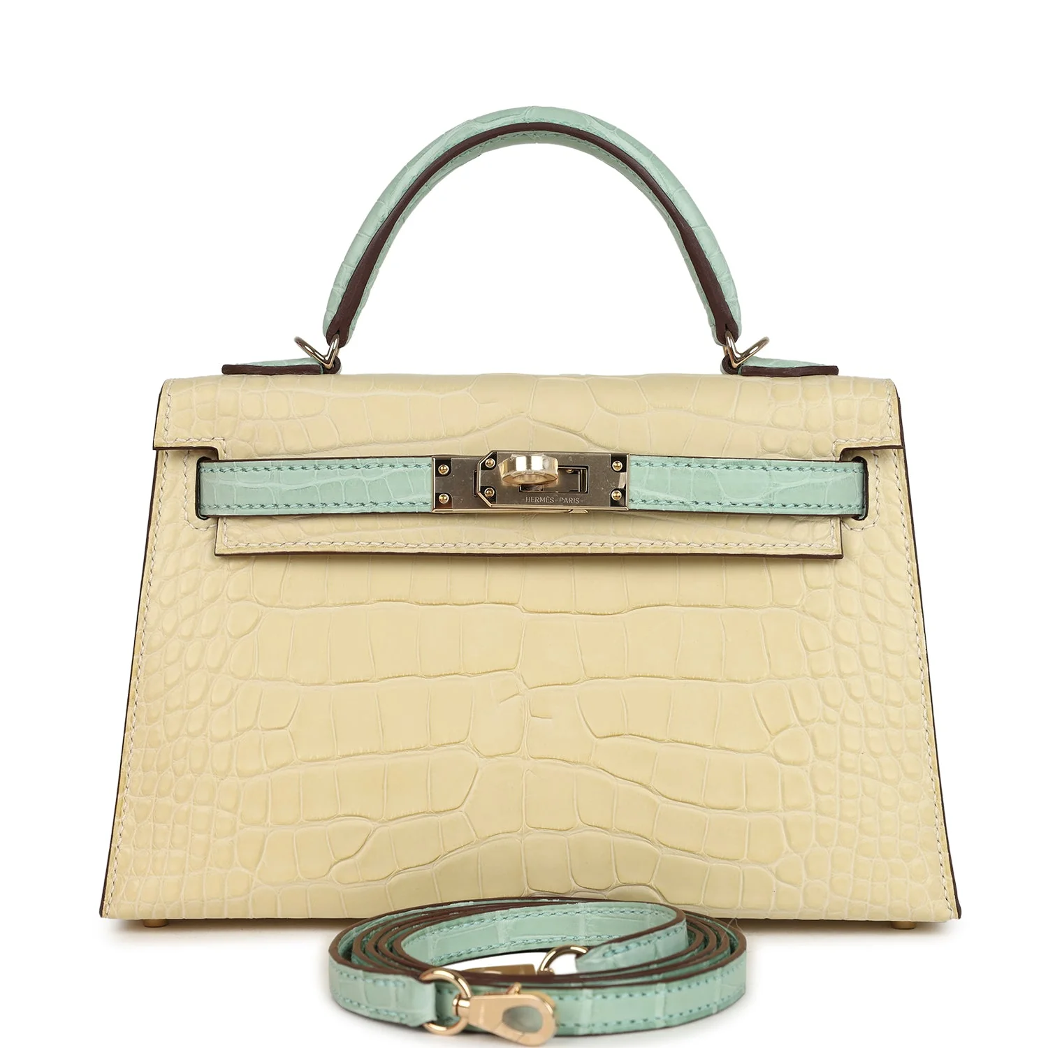 Hermes Special Order (HSS) Kelly Sellier 20 Vanille and Vert D'Eau Matte Alligator Permabrass Hardware