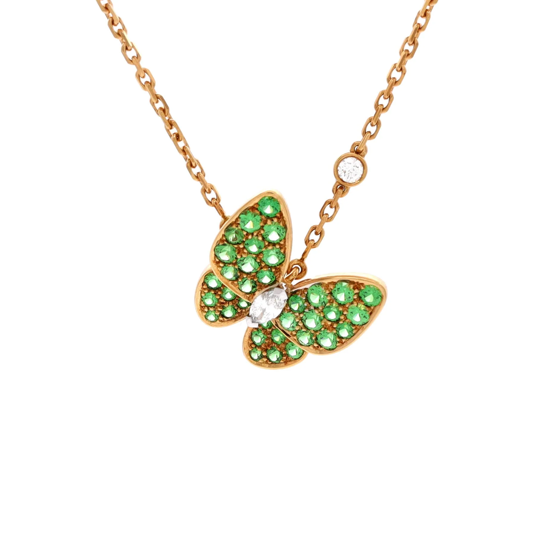 Two Butterfly Pendant Necklace 18K Yellow Gold with Tsavorite Garnets and Diamonds