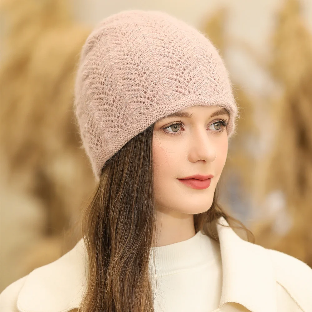 New Women Winter Hat Streetwear Rabbit Fur Blend Warm Cap Fashion Decorate Beanie Hat For Female Casual Knitted Hat