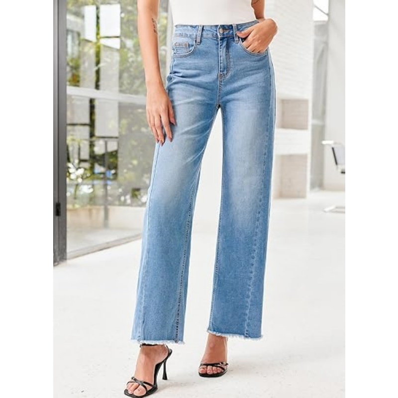 Women's High Waisted Stretchy Wide Leg Raw Hem Jeans