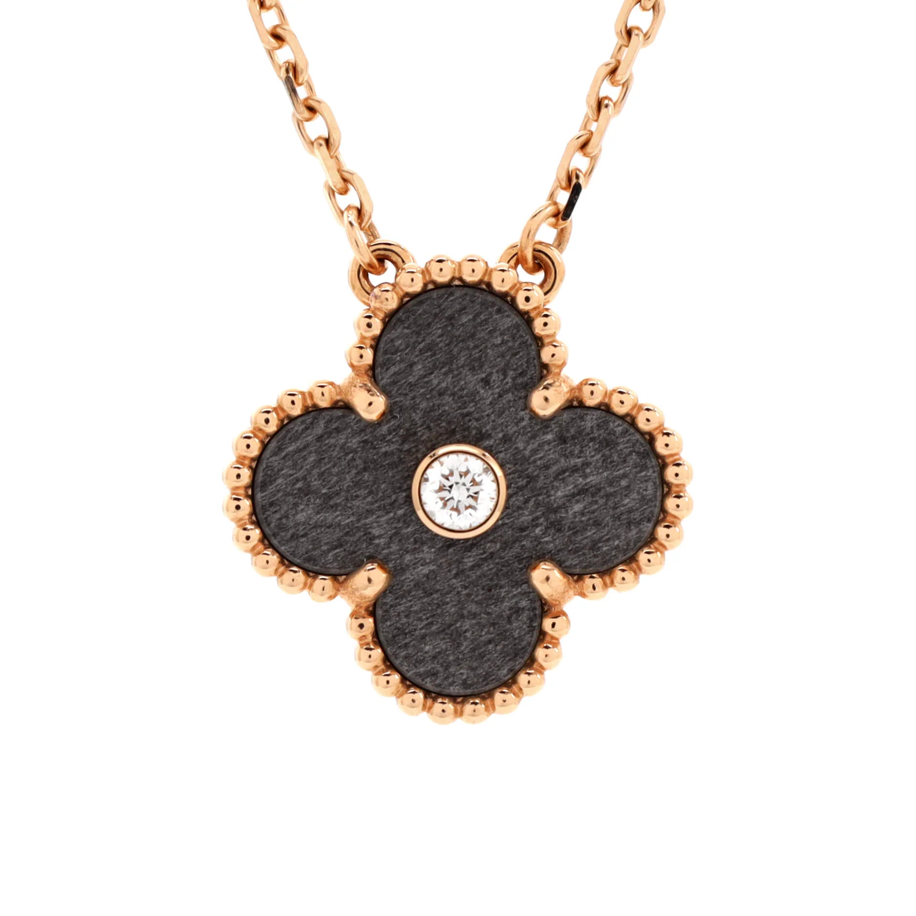 Vintage Alhambra Pendant Necklace 18K Rose Gold and Silver Obsidian with Diamond