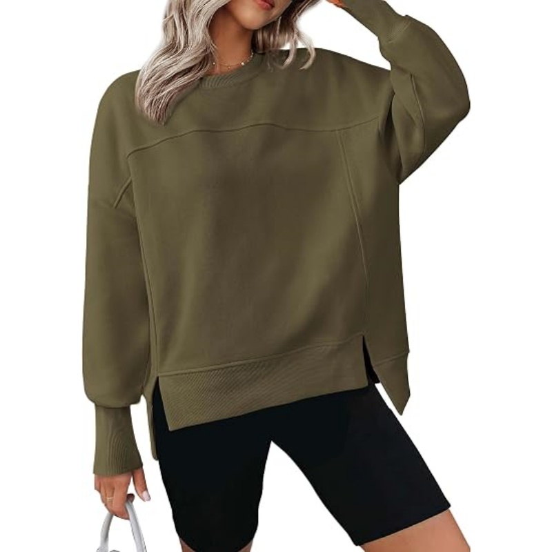 Women's Crewneck Sweatshirt, Fleece Long Sleeve Side Slit Pullover