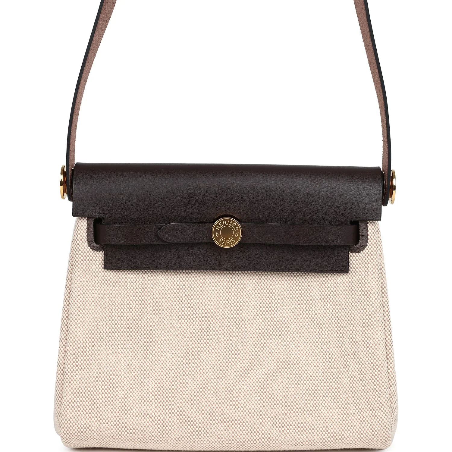 Hermes Herbag Zip 20 Mini Ecru and Beige Toile H Canvas and Ebene Vache Hunter Gold Hardware