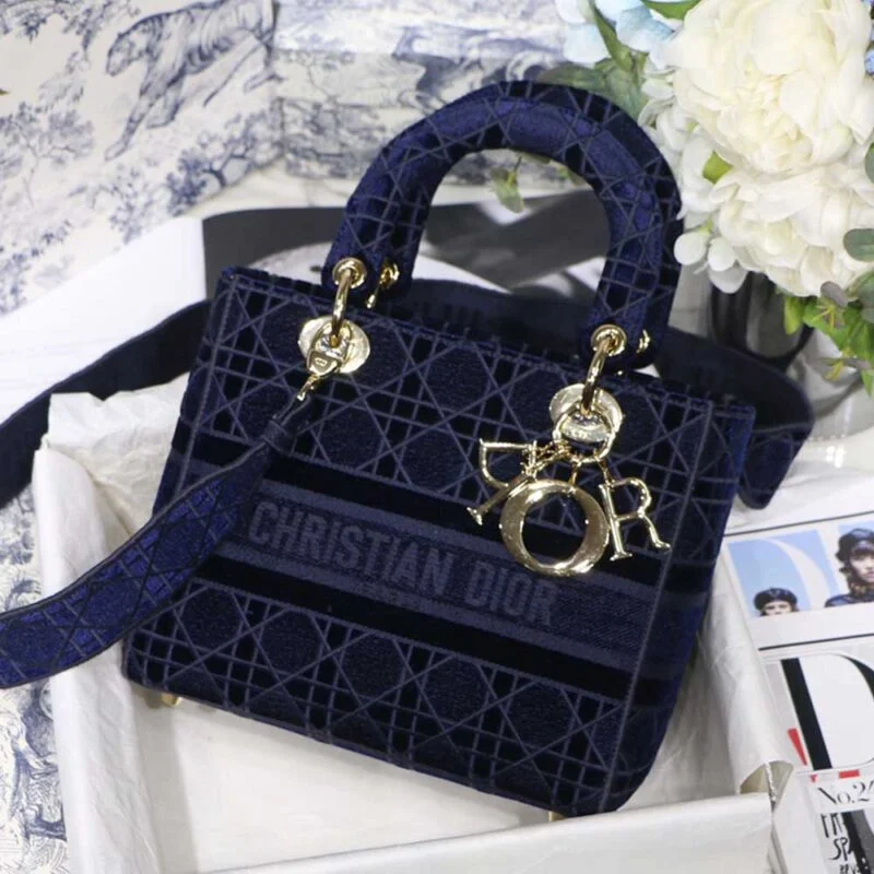 Dior D-Blue Velvet Medium Lady D-Lite Bag M8002/Embroidery