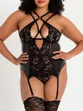 Lovehoney Plus Size Fierce Romance Black Wet Look and Lace Bustier Set