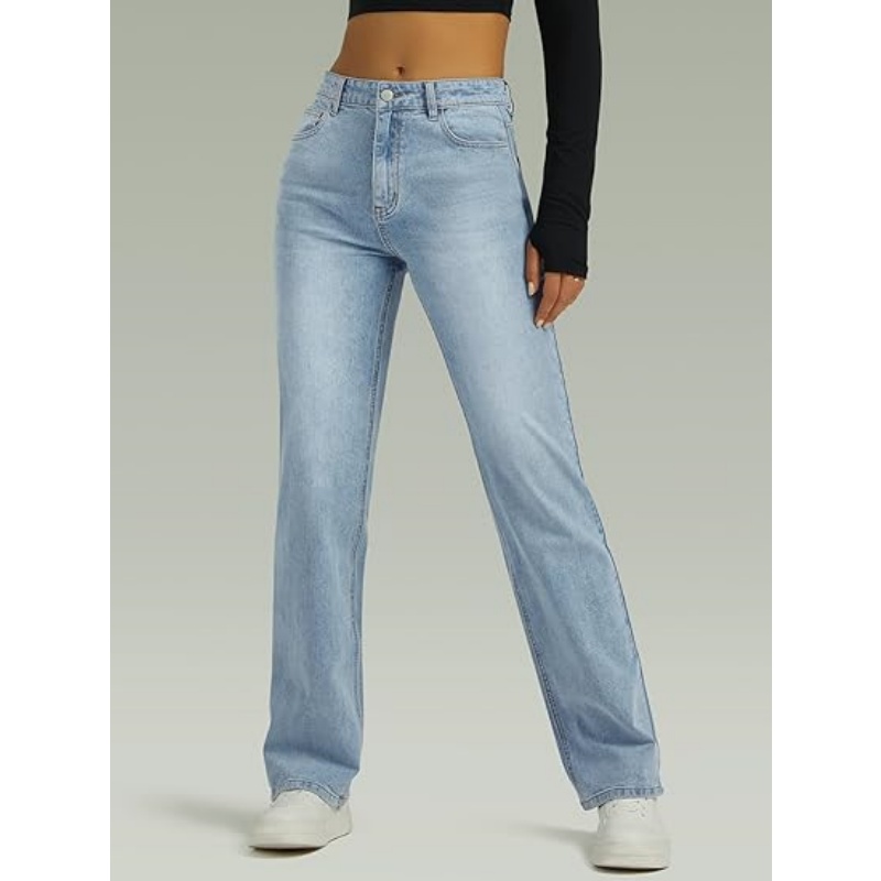 Women's High Waisted Microelastic Straight Leg Jeans, Loose Wide Leg Boyfriend Denim Pants