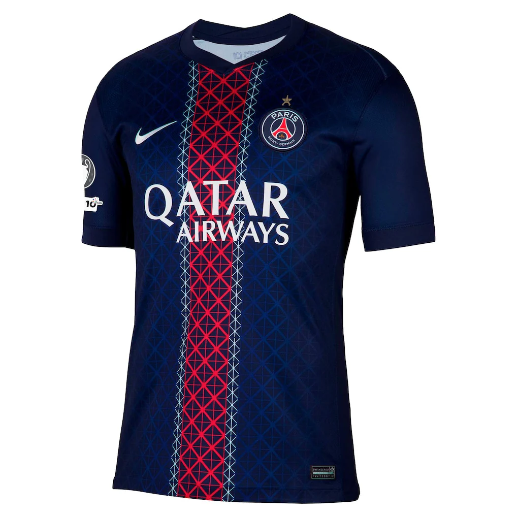 Official PSG home shirt, 2025-26 season, by Nike, featuring the European Champion emblem and the 10th anniversary of the UEFA Foundation.