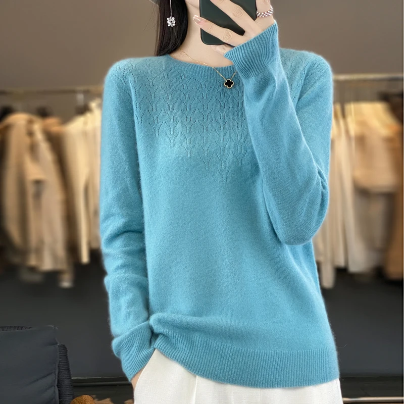 Autumn Winter Casual Merino Wool Pullover Soft Sweater For Women O-Neck Hollow Out Cashmere Knitwear Female Clothing