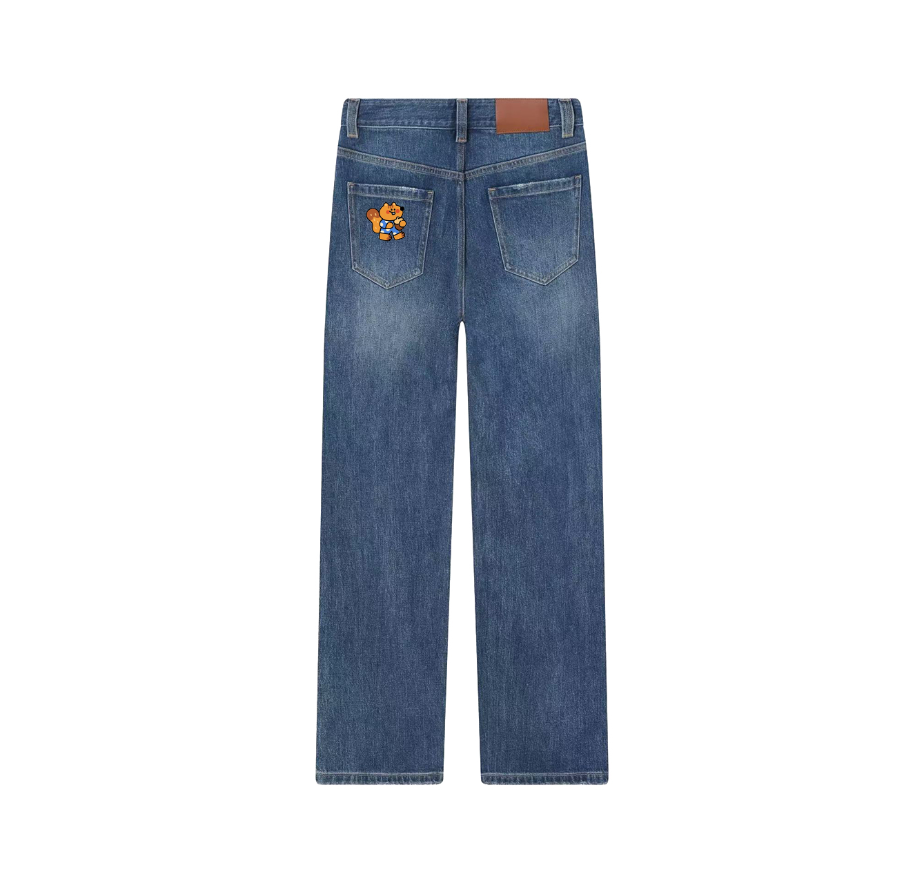 A pair of jeans with a squirrel eating pine cones printed on them—a wardrobe essential.