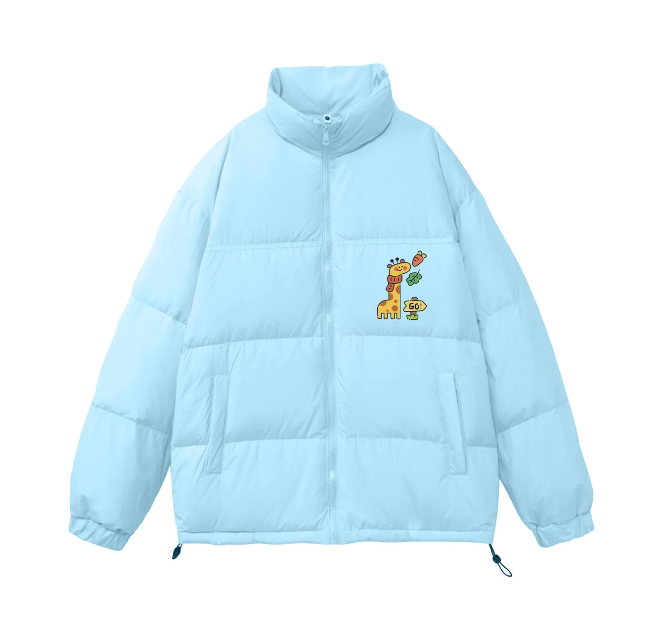 This down jacket, featuring a giraffe wearing a scarf, is a must-have for your summer wardrobe. Its stand-up collar also makes it perfect for winter wear.