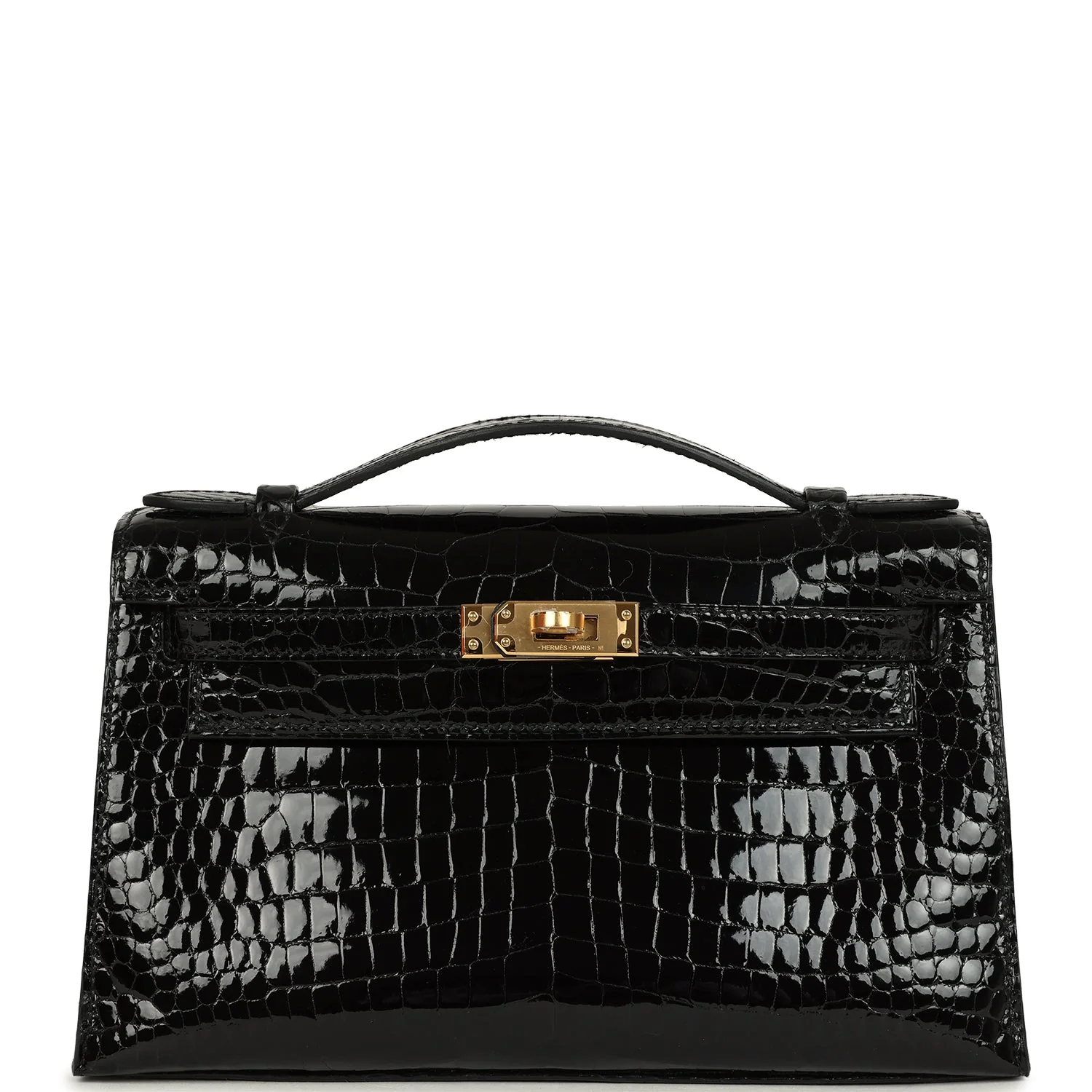 Hermes Kelly Pochette Black Shiny Porosus Crocodile Gold Hardware