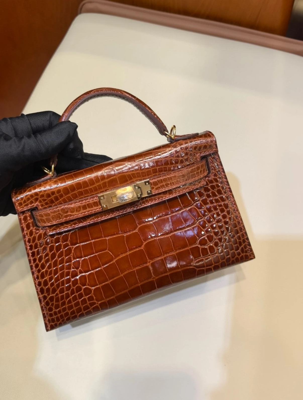 Hermès Kelly Mini Honey Brown Gold Buckle Crocodile Leather Custom