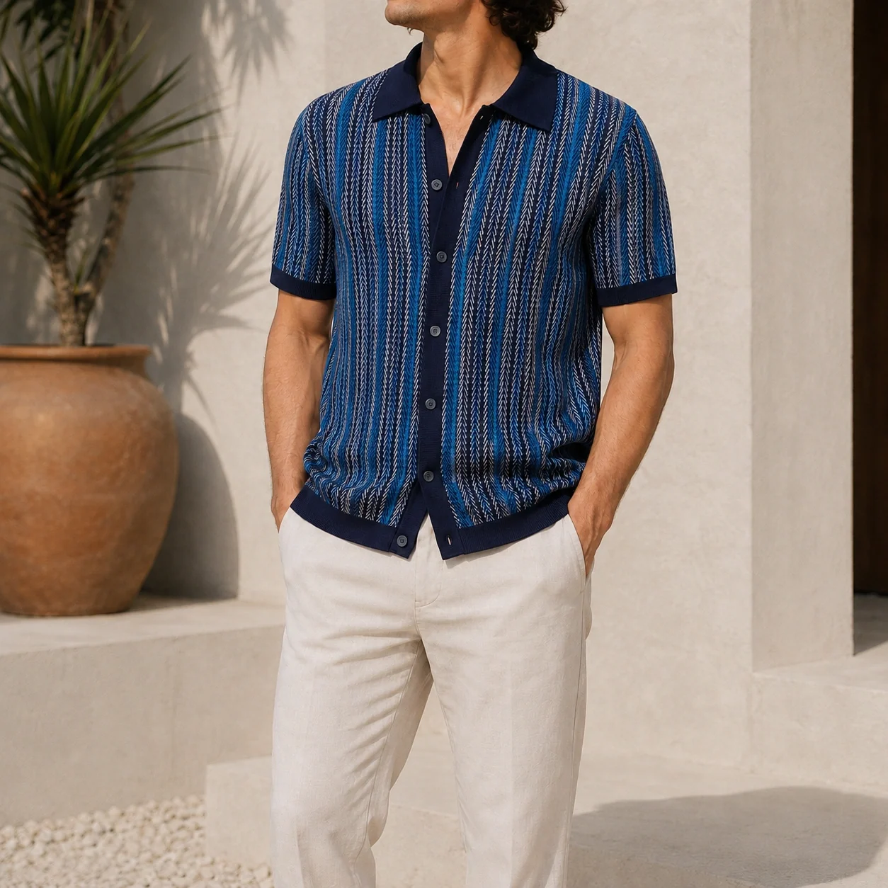 Mivanity Striped Jacquard Knit Business Polo Shirts