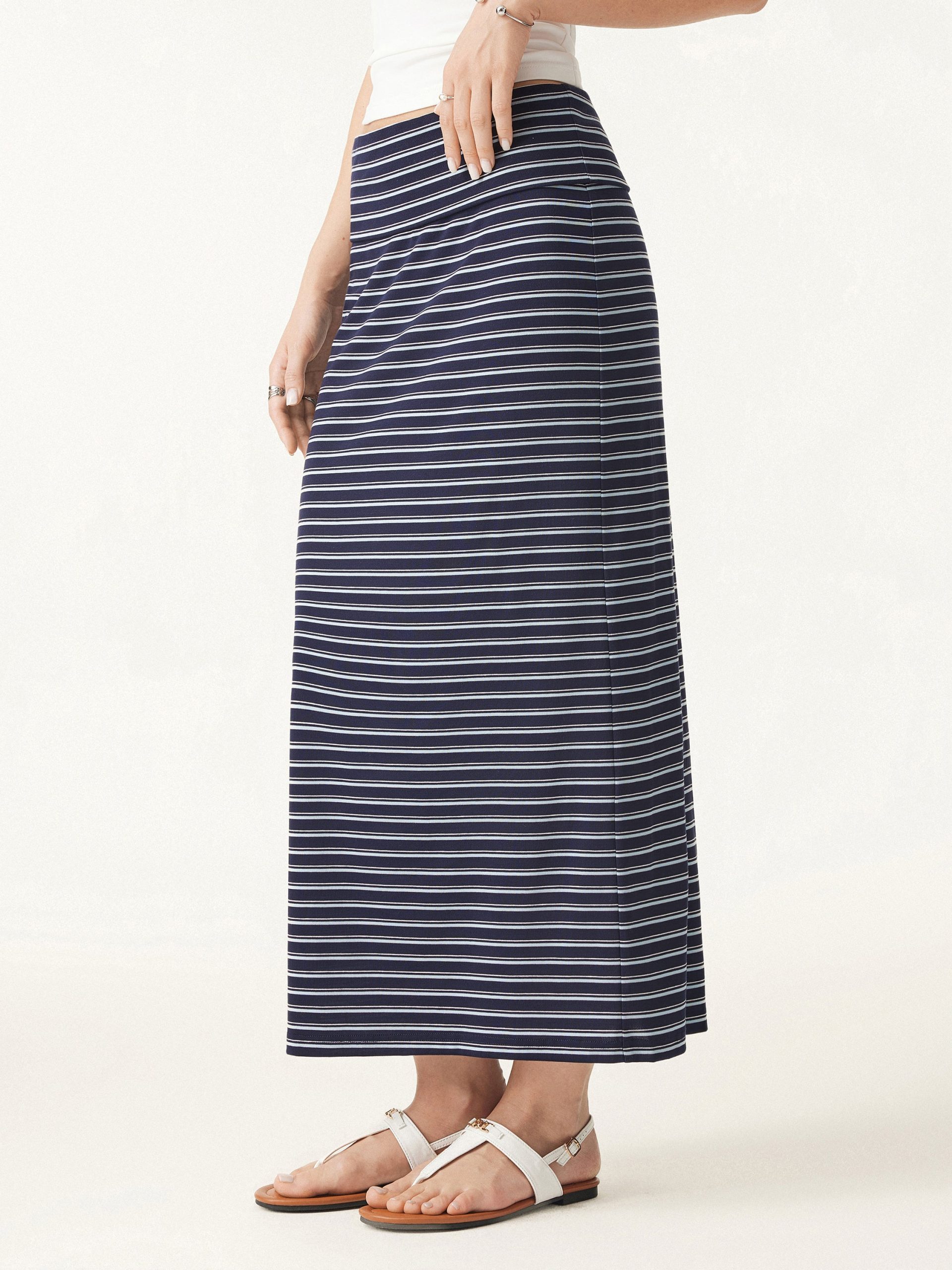 Low Rise Folded Waist Striped Midi Skirt