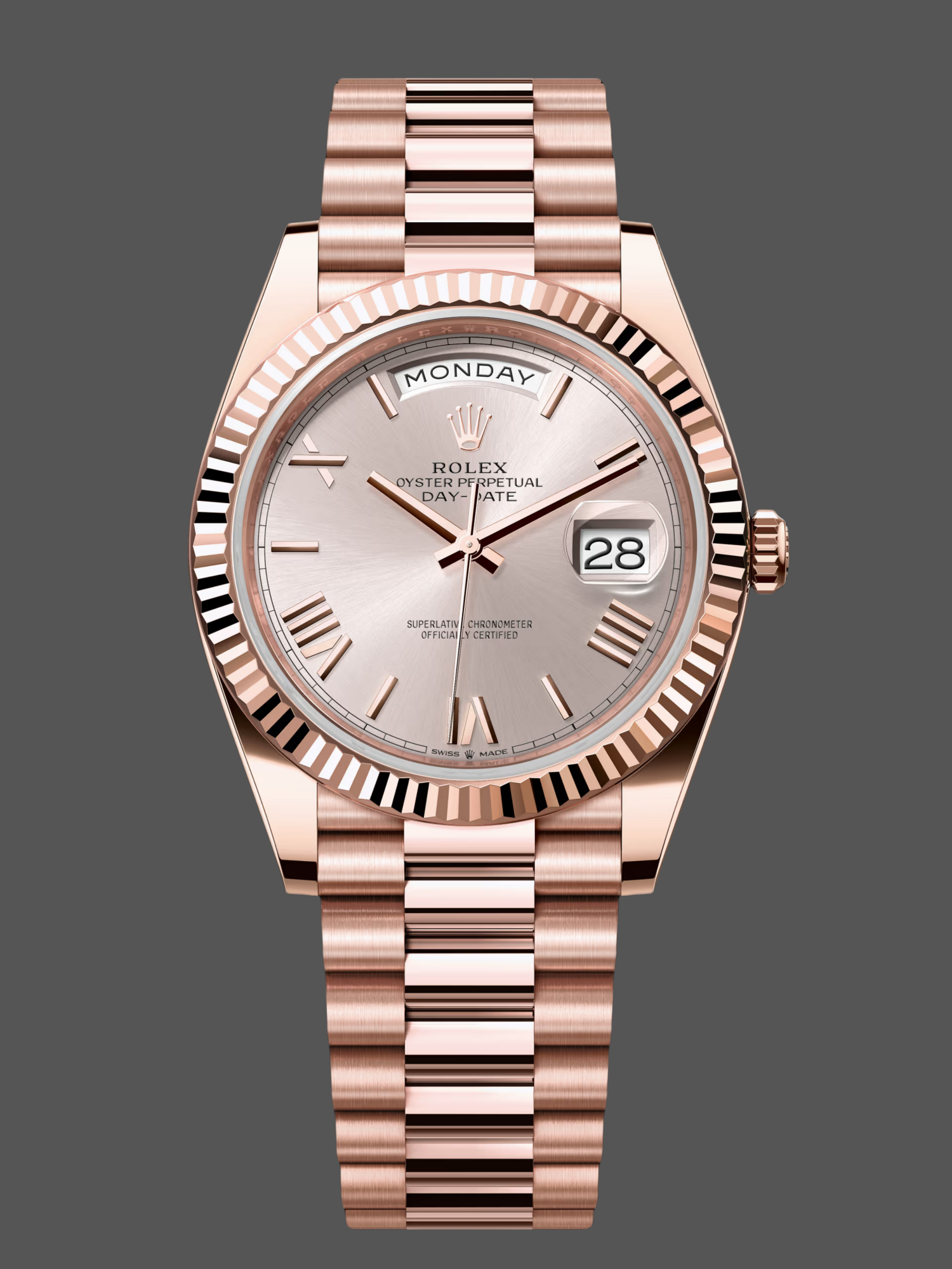 Rolex Day-Date 228235 Sundust Roman Numeral Dial Fluted Bezel 40mm Mens Replica Watch