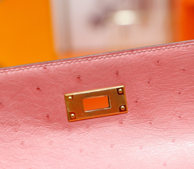 Hermes (Love Hermes) Kelly bag - Ceramic powder - South African ostrich leather - Fully hand-sewn - Gold buckle - 28cm