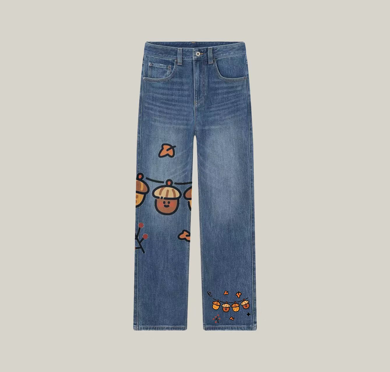 A pair of jeans featuring a cute little mushroom print—a wardrobe essential.