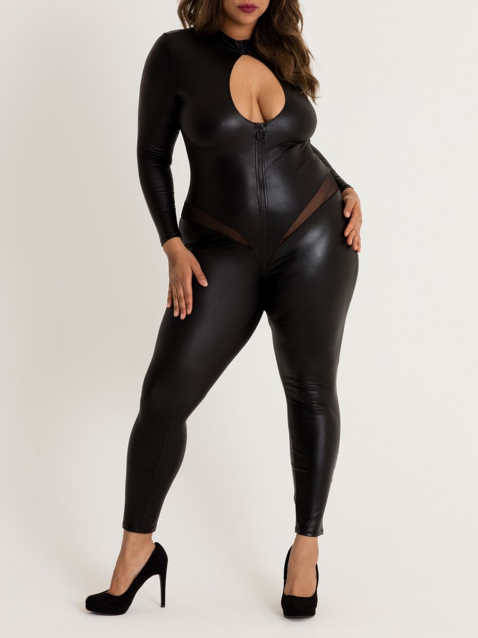 Lovehoney Plus Size Fierce Wet Look Zip-Around Cut-Out Catsuit