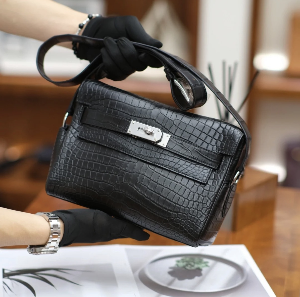 Kelly message Black crocodile leather silver hardware custom - Artisantouchss