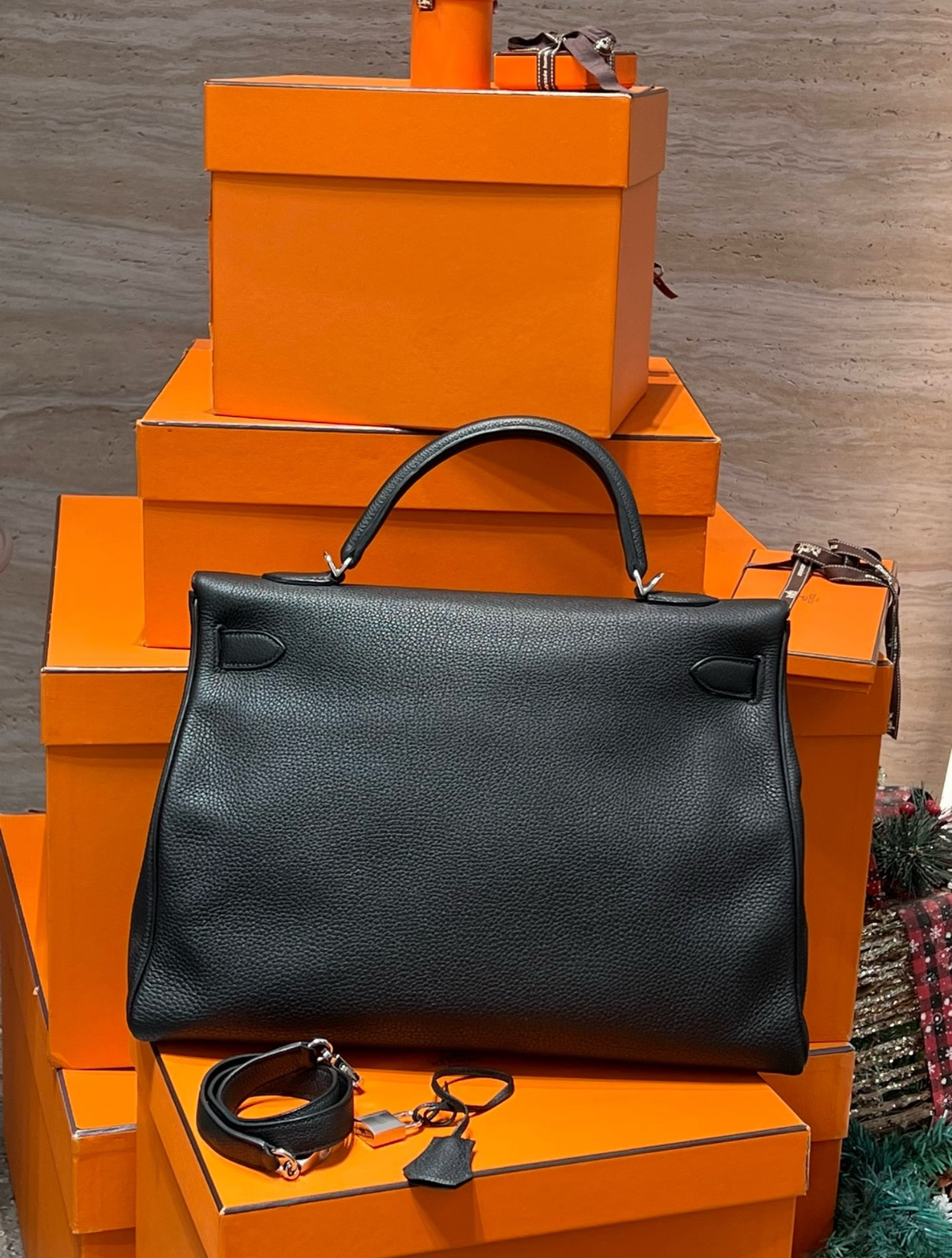 Hermès Kelly 40 black silver buckle TOGO leather custom