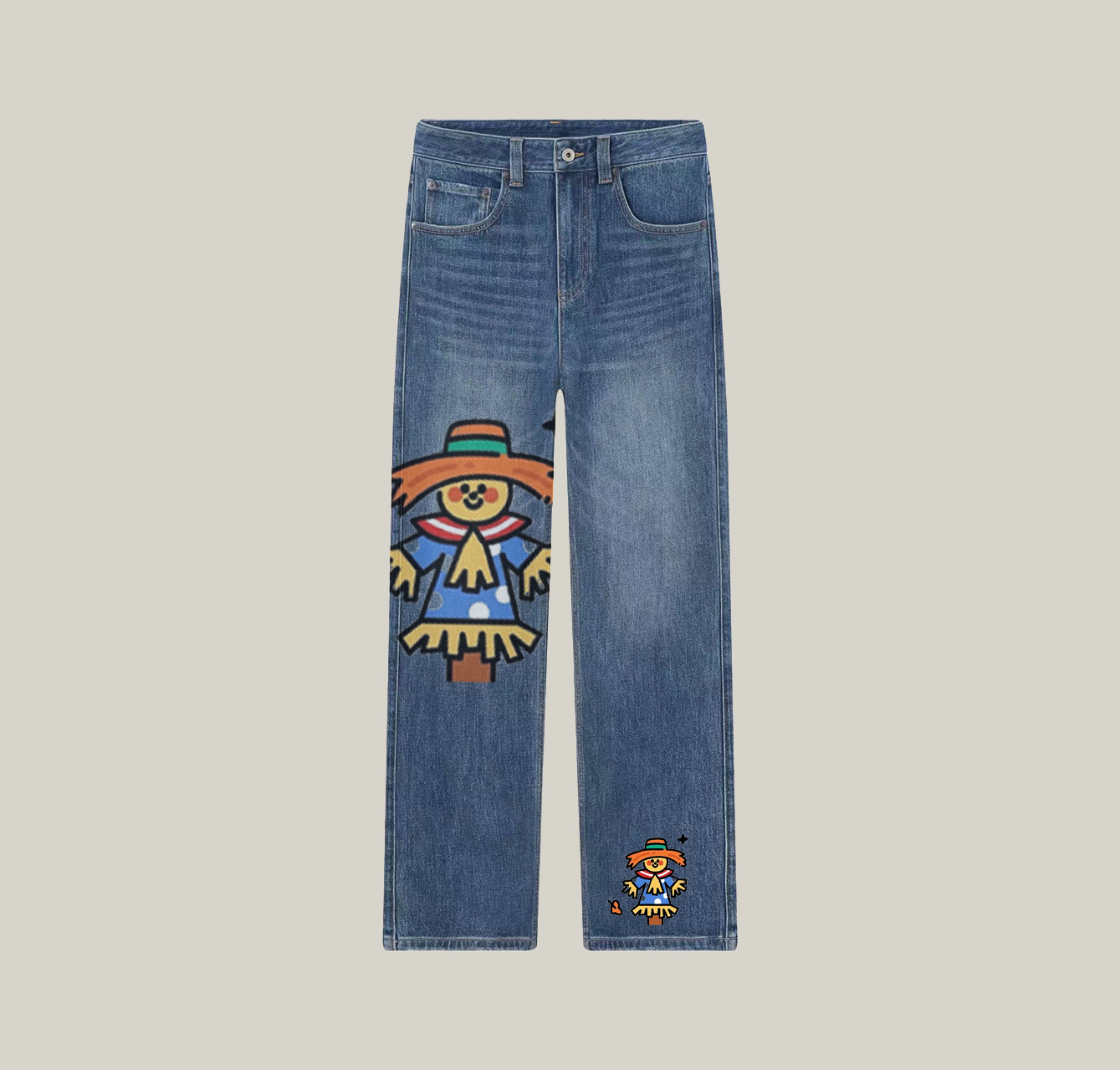 A pair of jeans with a scarecrow pattern—a wardrobe essential.