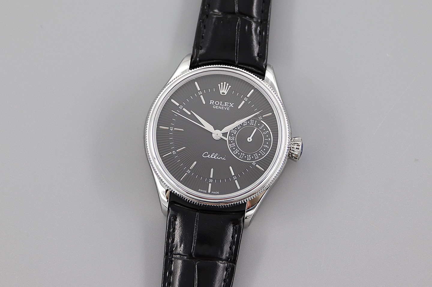 Rolex Cellini Date 50519 Black Leather Black Dial 39mm Mens Replica Watch