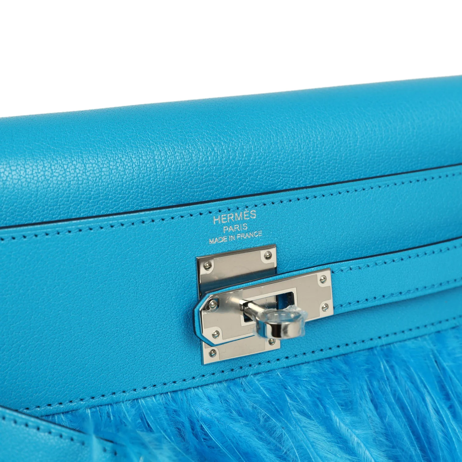 Hermes Kelly Elan Foile Bleu Frida Chevre Chamkila and Ostrich Feathers Palladium Hardware