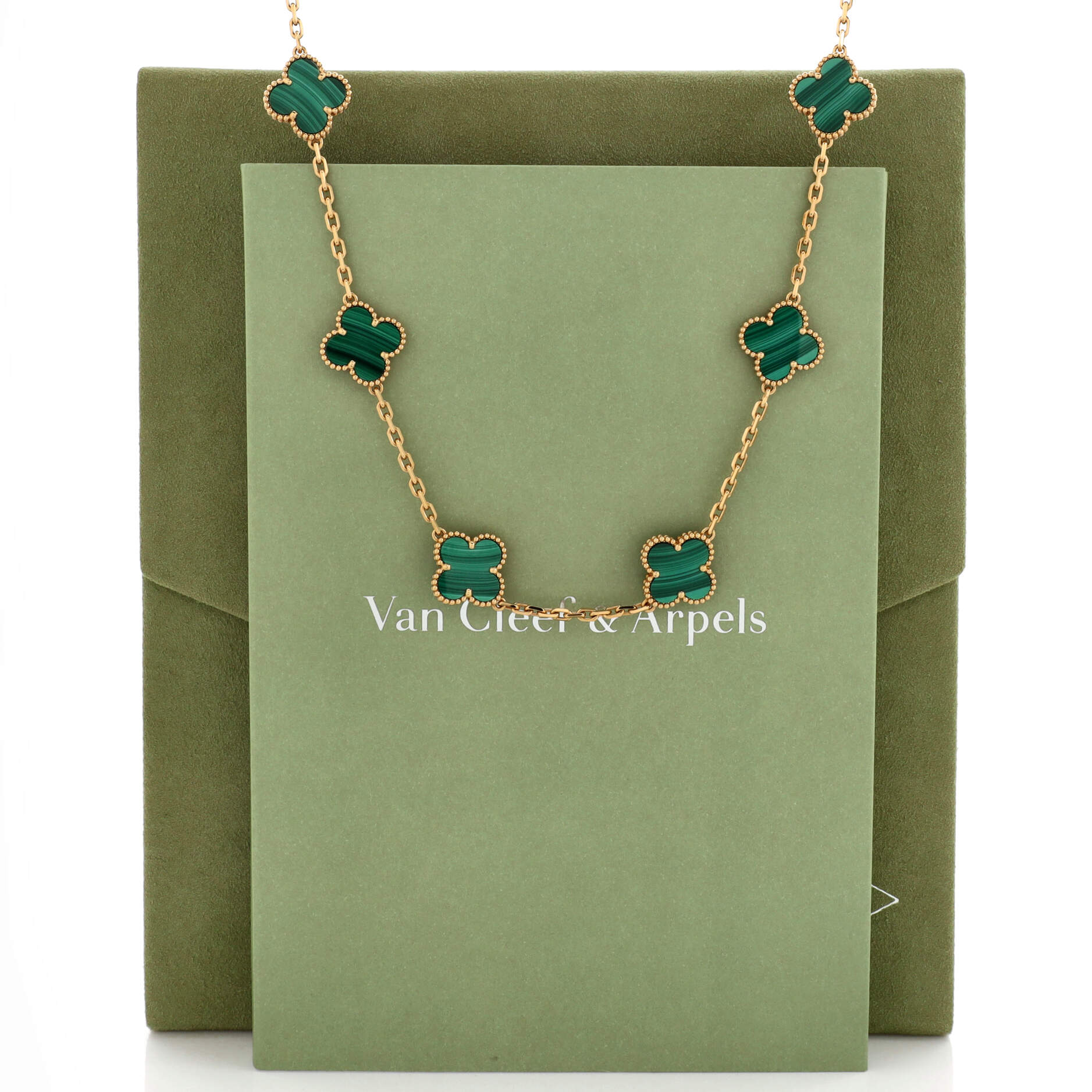 Vintage Alhambra 10 Motifs Necklace 18K Yellow Gold and Malachite