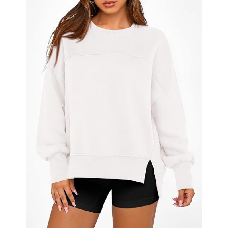 Women's Crewneck Sweatshirt, Fleece Long Sleeve Side Slit Pullover