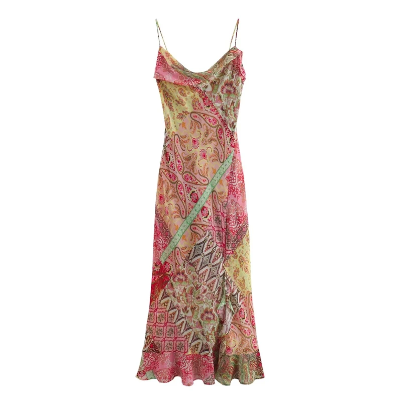 Women’s Slip Dress 2026 New Fashion Summer Patchwork Print Backless Dresses for Women Casual Chic Ladies Midi Dress
