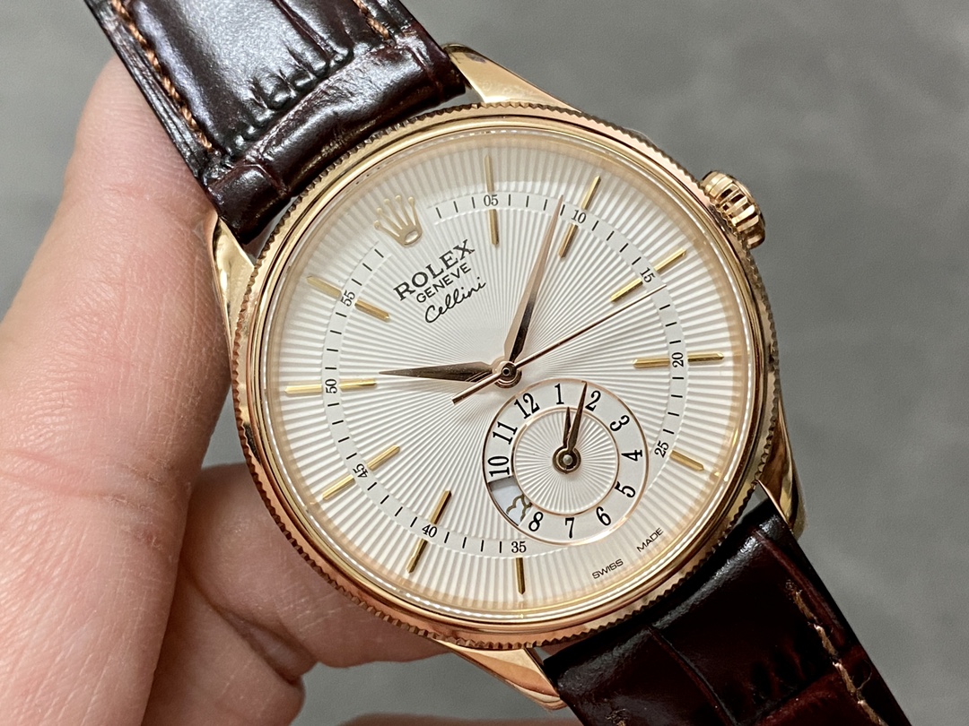 Rolex Cellini Dual Time 50525 Silver Dial Black Leather Strap 39mm Mens Replica Watch