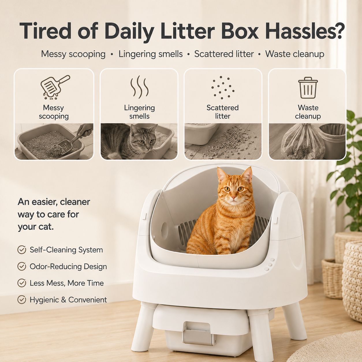 🔥Limited-Time Deal🔥 Open-Top Self-Cleaning Cat Litter Box