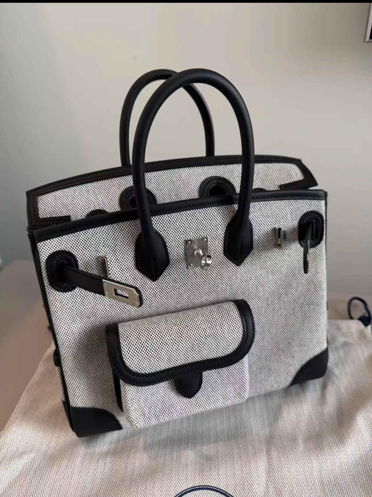 HERMÈS Limited Edition Birkin Cargo 25-35 in Black panda leather and Canvas with Palladium hardware customization