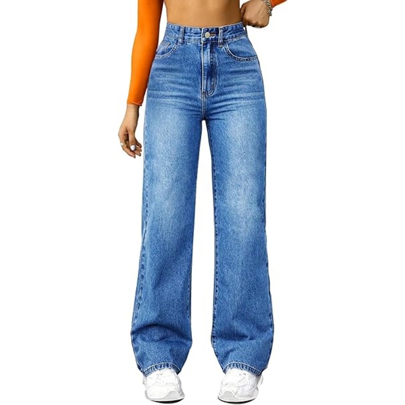 Women's High Waisted Microelastic Straight Leg Jeans, Loose Wide Leg Boyfriend Denim Pants