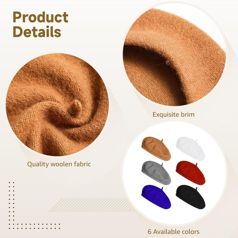 6 PCS Beret Hats, Woolen Blend Beret Caps
