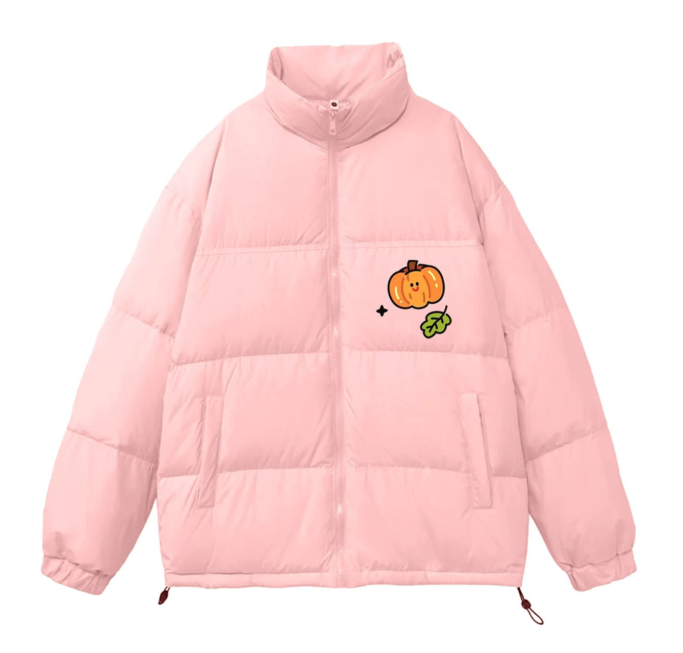 This light green down jacket with a pumpkin print is a must-have item for your summer wardrobe. It features a stand-up collar and is perfect for winter.