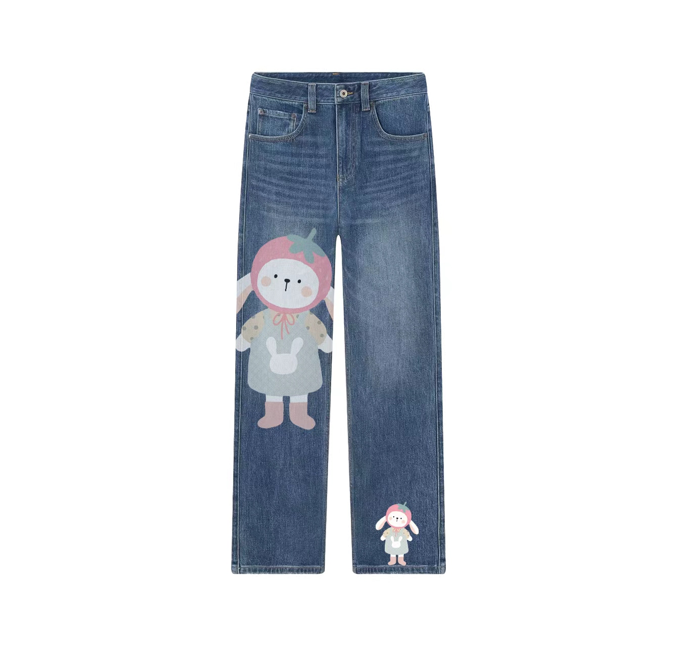 A pair of jeans with a rabbit wearing a hat printed on them—a wardrobe essential.