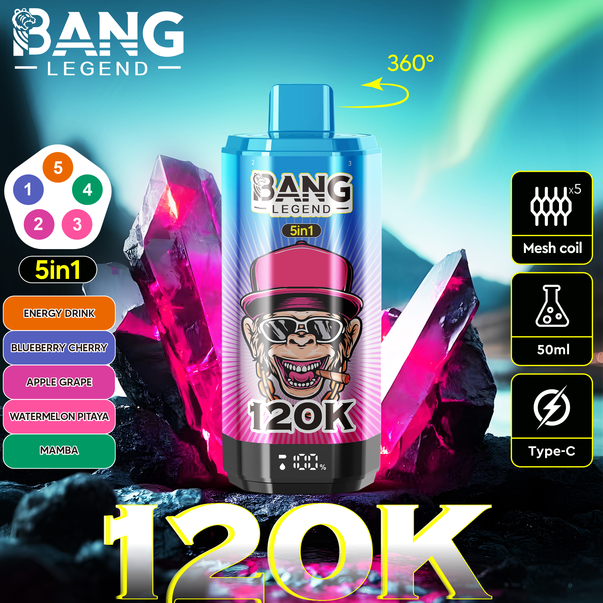 Вейп BANG LEGEND 120 000 Дръпки (5 в 1) | Електронна Цигара с 360° Ротация и LCD