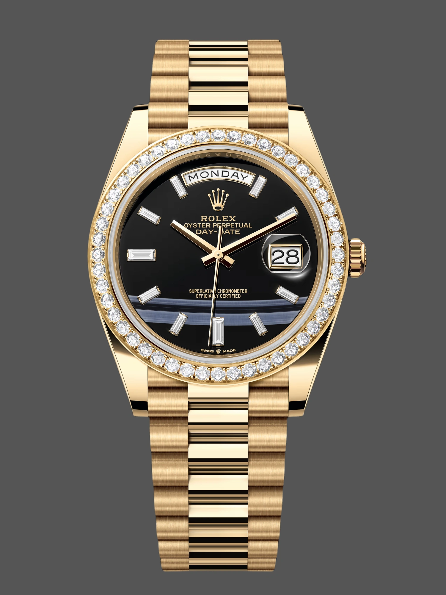 Day-Date 40 Yellow Gold Presidential Bracelet Black Baguette Dial Diamond Bezel Ref. 228348RBR-0001