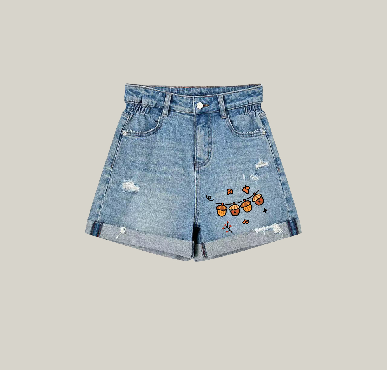 Denim shorts featuring a cute little mushroom print—an essential item for your summer wardrobe.