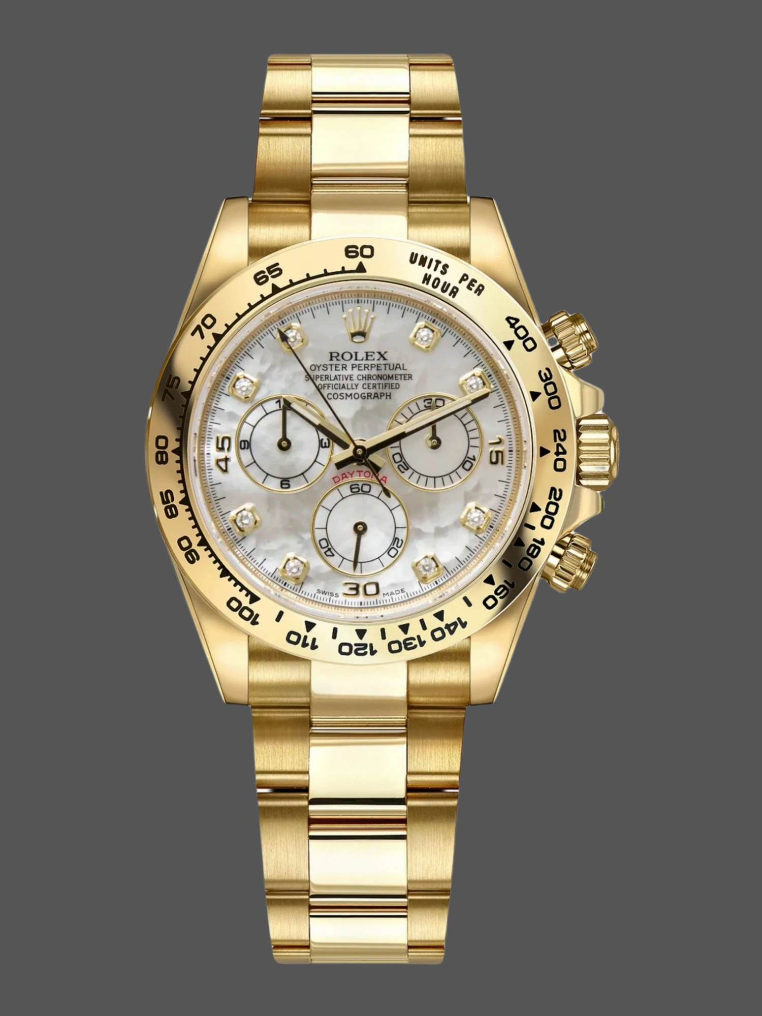 Rolex Cosmograph Daytona White Mother of Pearl Diamond Dial, Yellow Gold, 116508