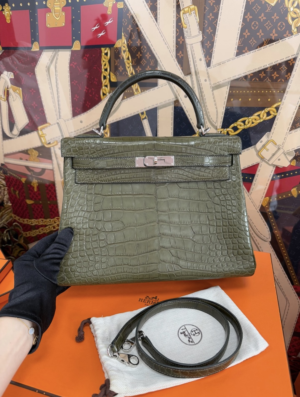 Kelly 25-32 Olive Green Matte Crocodile Leather Silver Hardware Custom - Artisantouchss