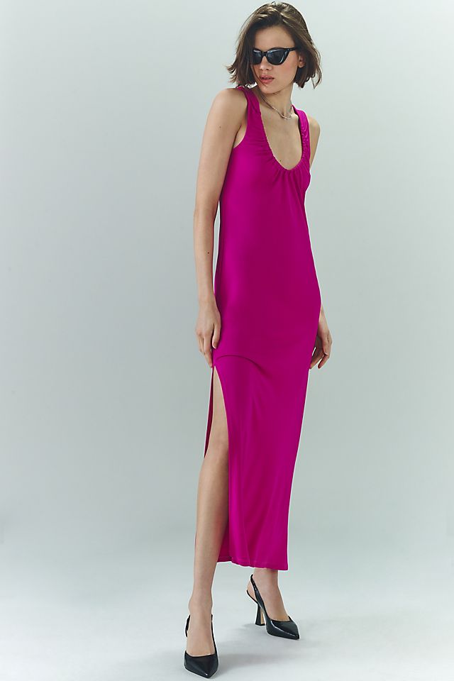 Ruched Scoop-Neck Midi Dress FUSCHIA