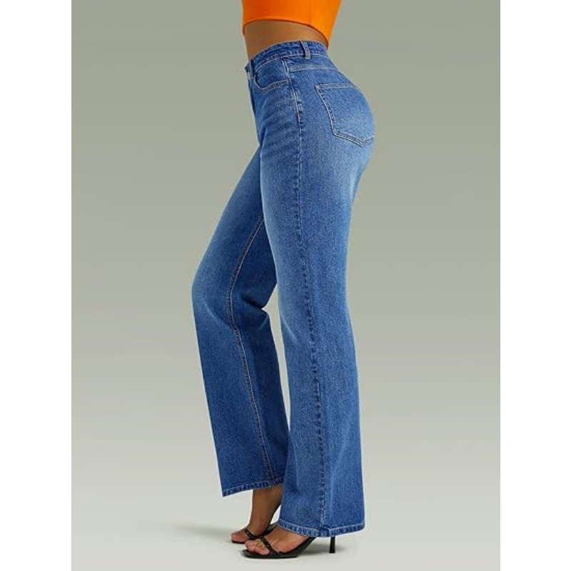Women's High Waisted Microelastic Straight Leg Jeans, Loose Wide Leg Boyfriend Denim Pants