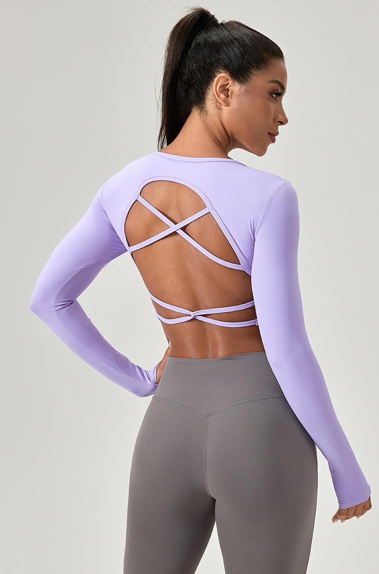 European and American style tight-fitting long-sleeved yoga top with bra pads, cross-back design, quick-drying running and fitness wear