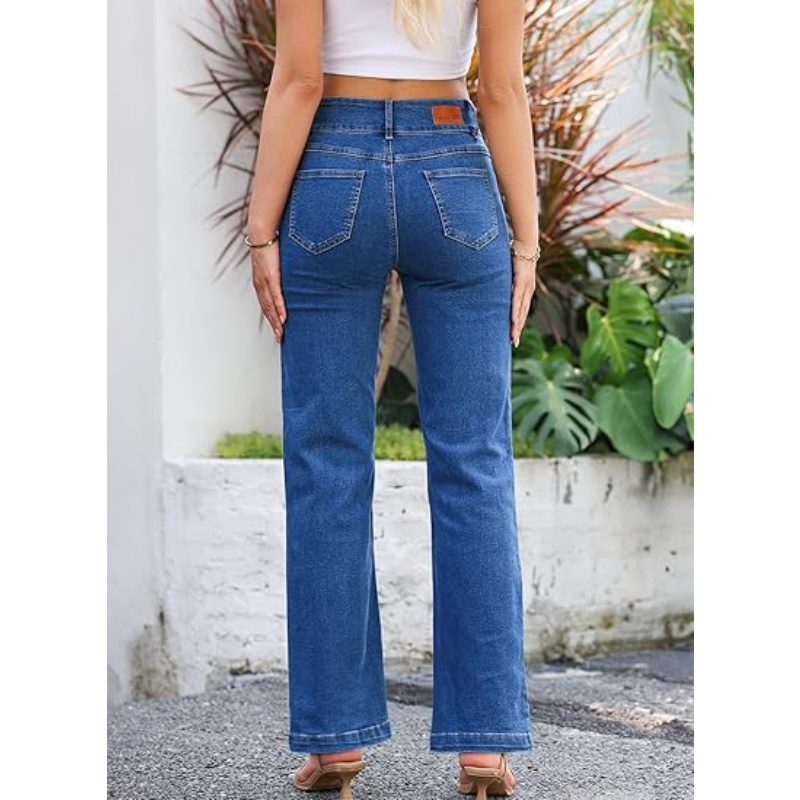 Women's High Waisted Stretchy Straight Leg Jeans, Trendy Loose Wide Leg Denim Pants with Pockets