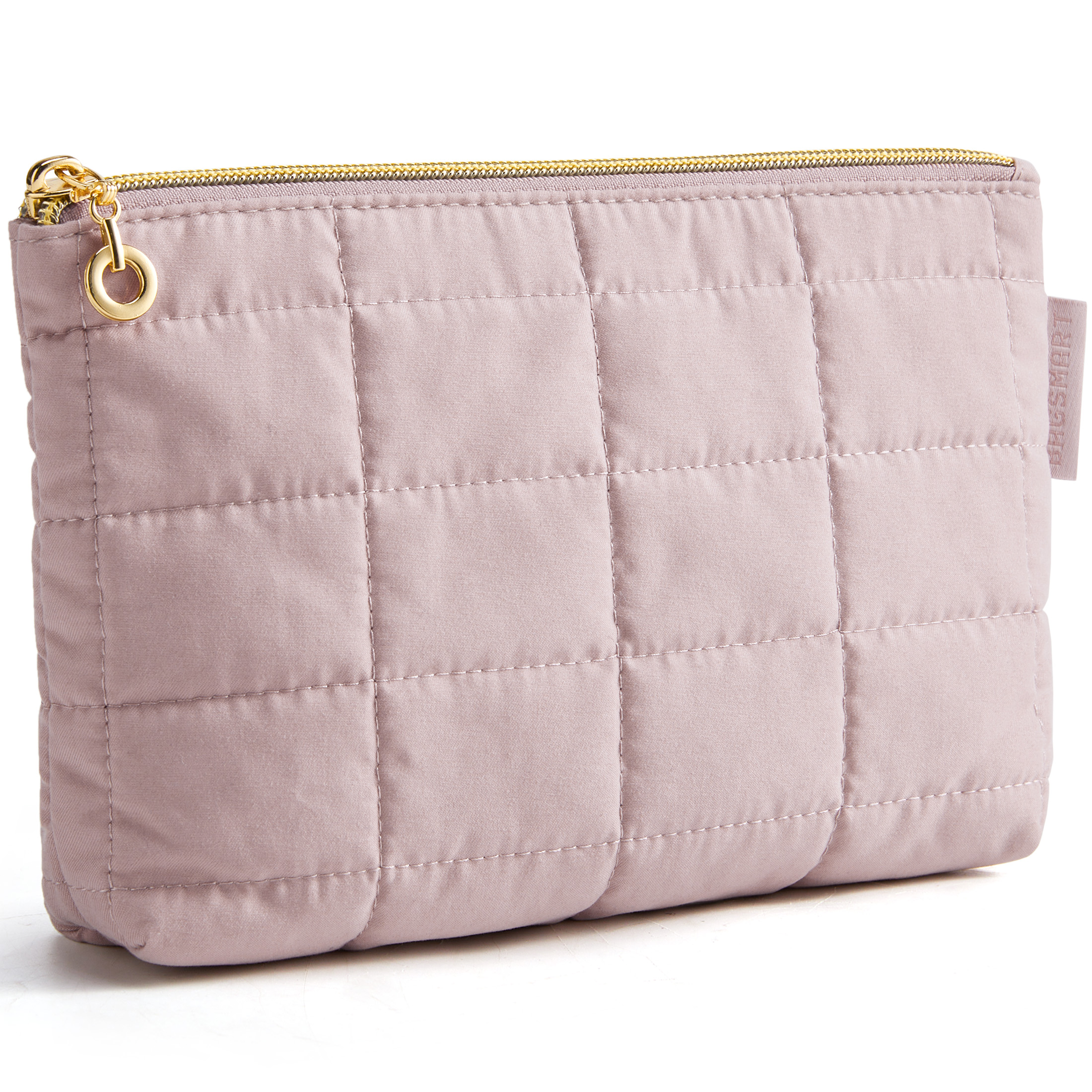 BAGSMART Grid Quilted Makeup Bag, Water-Resistant Cosmetic Pouch Puffy Portable Travel Organizer for Women, Pink