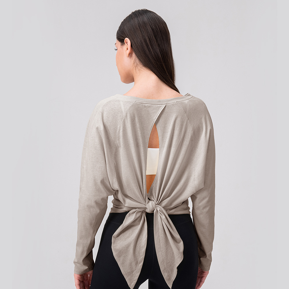 Loose-fitting yoga long-sleeved cover-up top for women, strappy sports running top, solid color hollow-out fitness t-shirt
