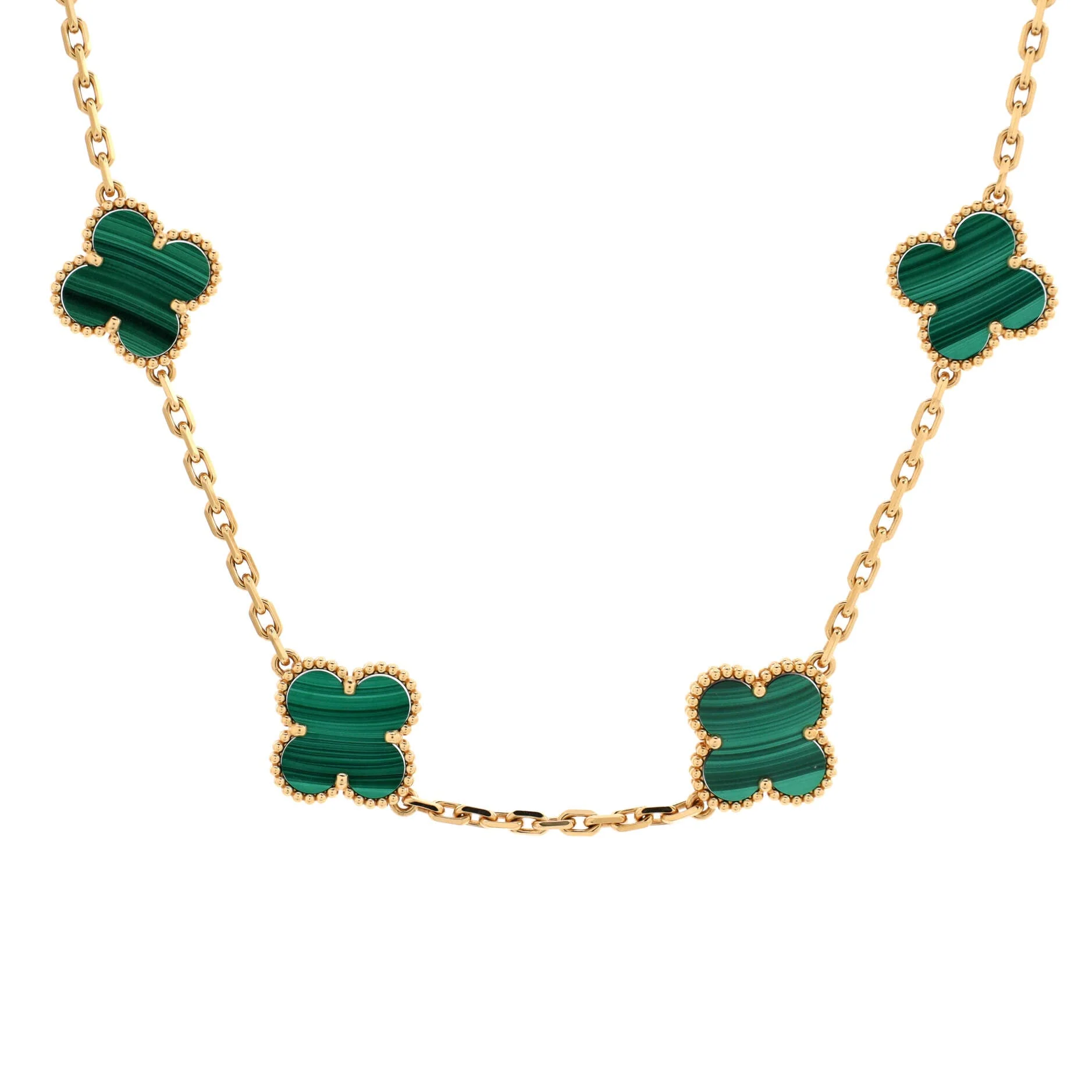 Vintage Alhambra 10 Motifs Necklace 18K Yellow Gold and Malachite