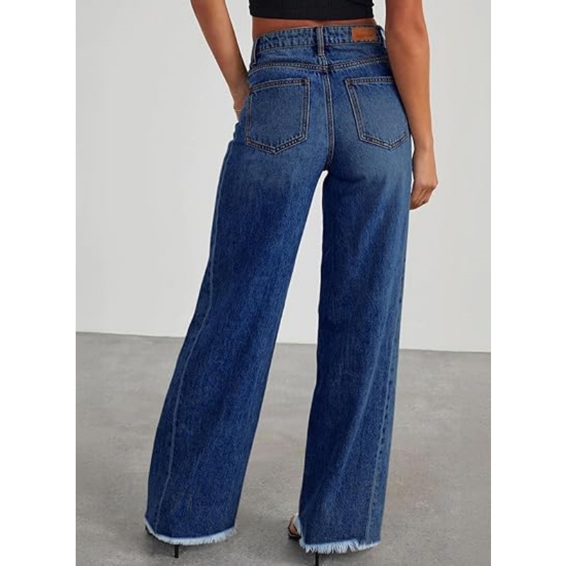 Women's High Waisted Stretchy Wide Leg Jeans, Raw Hem Denim Pants